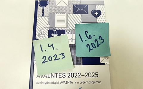 Avaites-kirjan kannet, joissa post-it laput  1.4.2023 ja 1.6.2023